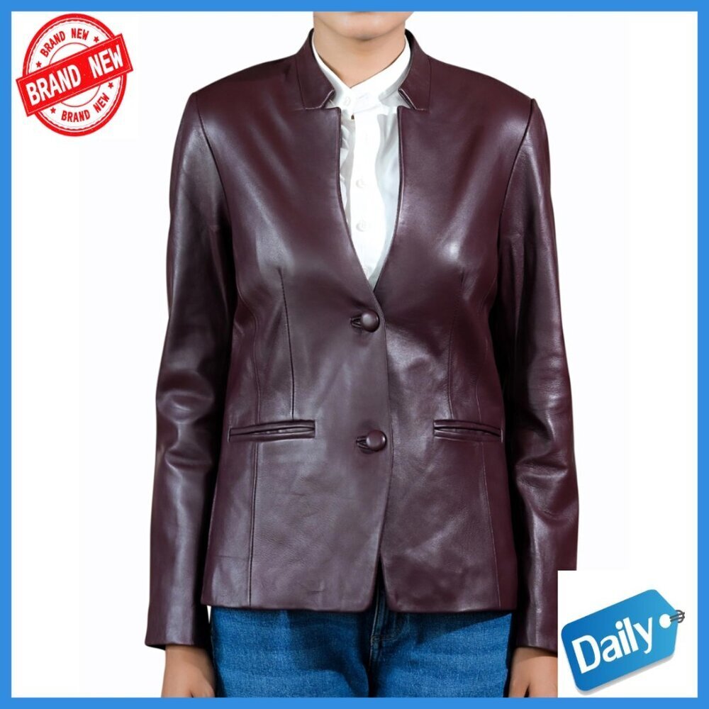 Genuine Leather Blazer with Mandarin Collar Slim Fit Women's Coat